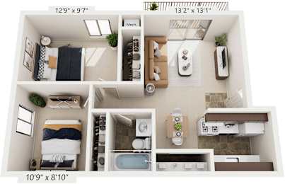 Two Bedroom One Bath 3D Floor plan at Hickory Village Apartments, Indiana, 46545