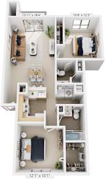 Two Bedroom Two Bath 3D Floorplan at Hurwich Farms Apartments, Indiana