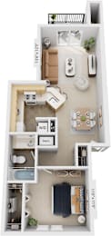 One Bedroom, One Bath 3D Floor Plan at Indian Lakes Apartments, Mishawaka