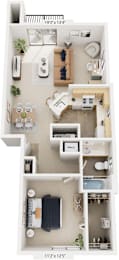 One Bedroom End 3D Floor Plan at Indian Lakes Apartments, Mishawaka, Indiana