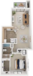 Front-to-Back One Bedroom 3D Floor Plan at Irish Hills Apartments, South Bend, IN