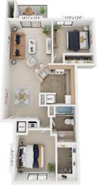 Front-to-Back Two Bedroom 3D Floor Plan at Irish Hills Apartments, South Bend, 46614