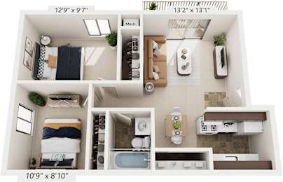 Standard Two Bedroom 3D Floor Plan at Irish Hills Apartments, South Bend