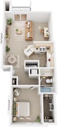 One Bedroom End 3D Floor Plan at Liberty Mills Apartments, Fort Wayne