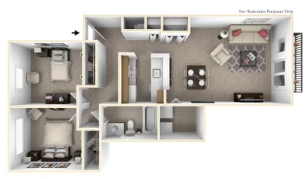 2-Bed/1-Bath, Lily Floor Plan at The Harbours Apartments, Clinton Twp, MI, 48038