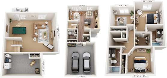 Three Bedroom Two-story 3D Floor Plan at Lynbrook Apartment Homes and Townhomes, Elkhorn