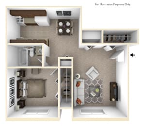 1-Bed/1-Bath, Mina Floor Plan at Fox Pointe Apartments, East Moline, IL, 61244