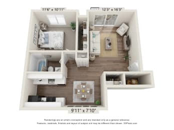 a 3d floor plan of a 1 bedroom apartment at Cordoba Apartments, Farmington Hills, MI, 48334
