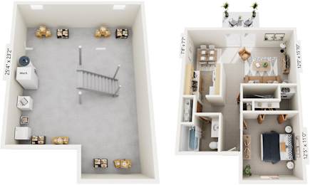 One-Bedroom Townhome 3D Floor Plan at Mount Royal Townhomes, Michigan