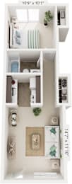 One Bedroom One Bath 3D Floor Plan at Newport Village Apartments, Portage, MI, 49002