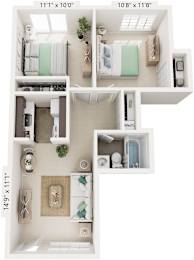 Two Bedroom One Bath 3D Floor Plan at Newport Village Apartments, Portage, MI