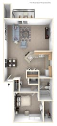 One Bedroom One Bath End Floorplan | 815-830 Sq. Ft. at Dupont Lakes Apartments, Indiana, 46825