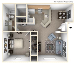 1 Bed 1 Bath One Bedroom Seville Floor Plan at South Bridge Apartments, Indiana, 46816