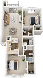 Two bedroom two bathroom 3D floor plan at Orchard Lakes Apartments, Toledo, Ohio