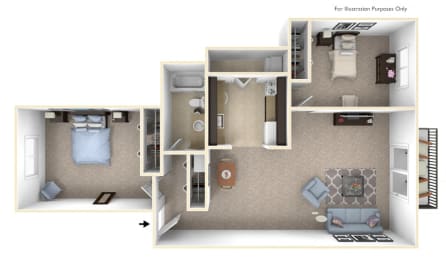 2-Bed/1-Bath, Periwinkle Floor Plan at The Landings, Michigan