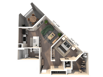 A 3D floor plan of the S1 studio floor plan at Avant Apartments
