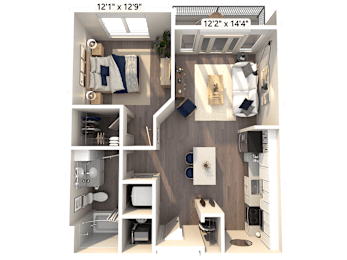 A 3D floor plan of a studio apartment with a kitchen, living room, and bathroom