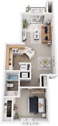 One Bedroom Stackable 3D Floor Plan at South Bridge Apartments, Fort Wayne, IN, 46816