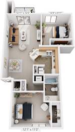 Two Bedroom, One Bath Stackable 3D Floor Plan at South Bridge Apartments, Fort Wayne, IN