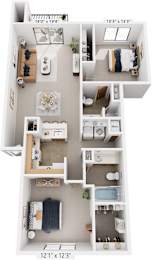 Two Bedroom, Two Bath Full-size 3D Floor Plan at South Bridge Apartments, Fort Wayne, Indiana