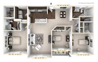 The Burgundy - 3 BR 2 BA Floor Plan at Bella Vista Apartments, Indiana, 46038