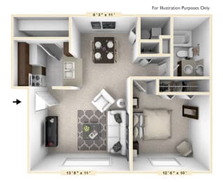 The Cape - 1 BR 1 BA Floor Plan | 623 Sq. Ft. at Bay Pointe Apartments, Indiana
