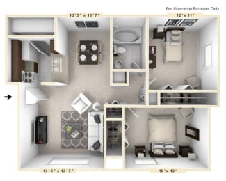 The Cove - 2 BR 1 BA Floor Plan | 805 Sq. Ft. at Bay Pointe Apartments, Indiana, 47909