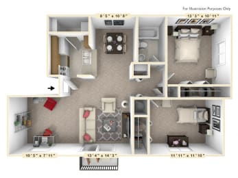 The Hawthorne - 2 BR 1 BA with Den Floor Plan at Autumn Woods Apartments, Miamisburg