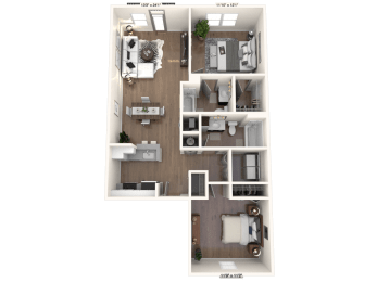 a 3d furnished floor plan of a 3 bedroom apartment