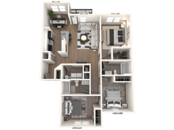 a 3d model of a 3 bedroom apartment