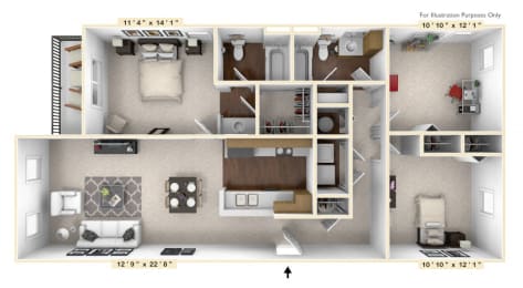 The Devonshire - 3 BR 2 BA Floor Plan at Brickshire Apartments, Indiana, 46410