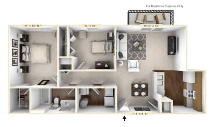 The Somerset - 2 BR 1 BA Floor Plan at Brickshire Apartments, Merrillville, IN, 46410
