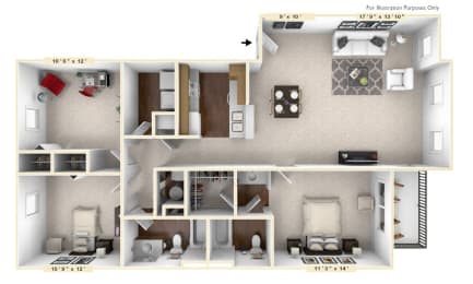 The Windsor - 3 BR 2 BA Floor Plan at Brickshire Apartments, Merrillville, IN, 46410