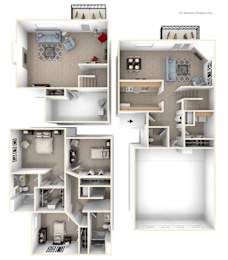 Three-bedroom Two-Story Floorplan at Gull Prairie/Gull Run Apartments and Townhomes, Kalamazoo, MI, 49048