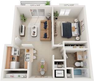 One Bedroom Cape Cod 3D Floor Plan at Trappers Cove Apartments, Lansing, MI