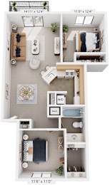 Two Bedroom Alpine 3D Floor Plan at Trappers Cove Apartments, Lansing