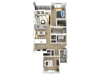 A floor plan of a two-bedroom apartment with a living room, kitchen, and bathroom.