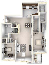 A floor plan of a 2 bedroom apartment with a kitchen, living room, and bathroom.