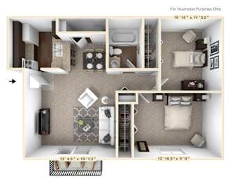 A floor plan of a 2-bedroom apartment with a kitchen, living room, and two bedrooms.