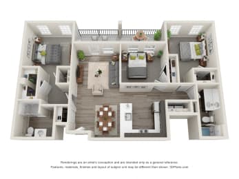 Laurel 3 Bed 2 Bath Floor Plan at Village Place Apartments, Romeoville, IL, 60446