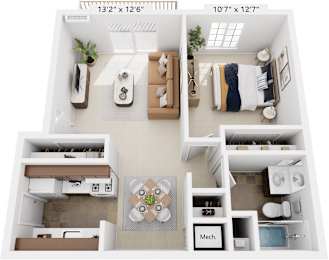 One Bedroom - Expanded 3D Floor Plan at Walnut Trail Apartments, Michigan, 49002