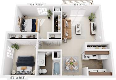 Two Bedroom - Expanded 3D Floor Plan at Walnut Trail Apartments, Portage, MI