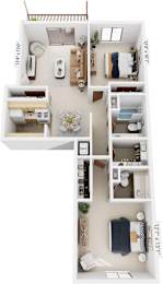 Two Bedroom Walk-thru 3D Floor Plan at Walnut Trail Apartments, Portage, 49002