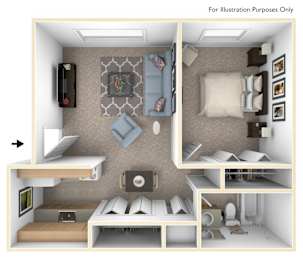 One Bedroom 3D Floor Plan at Waverly Park Apartments, Lansing, Michigan