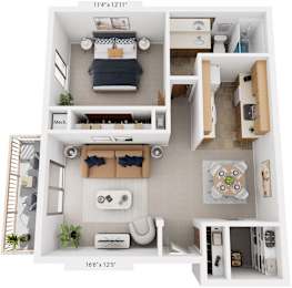 Seville One Bedroom 3D Floor Plan at West Wind Apartments, Fort Wayne, 46808