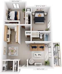 Seville Two Bedroom 3D Floor Plan at West Wind Apartments, Fort Wayne