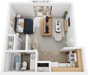 Studio 3D Floor Plan at Wingate Apartments, Michigan