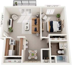 One Bedroom - Classic 3D Floor Plan at Wood Creek Apartments, Kenosha, Wisconsin