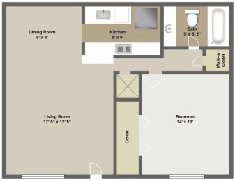 One bedroom, one bathroom 730 square foot two dimensional floor plan.