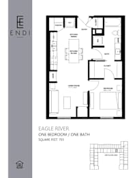 A floor plan for the Eagle River One Bedroom One Bath apartment.